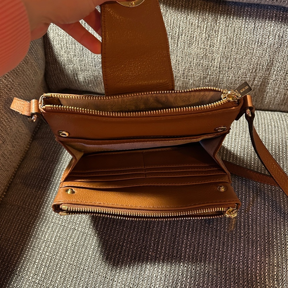Michael Kors Cognac Leather Crossbody with Signature MK Medallion - Picture 3 of 5
